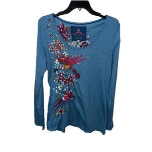 Johnny Was Womens Embroidered Floral Bird Long Sleeve Top Blue Size M Boho Joy